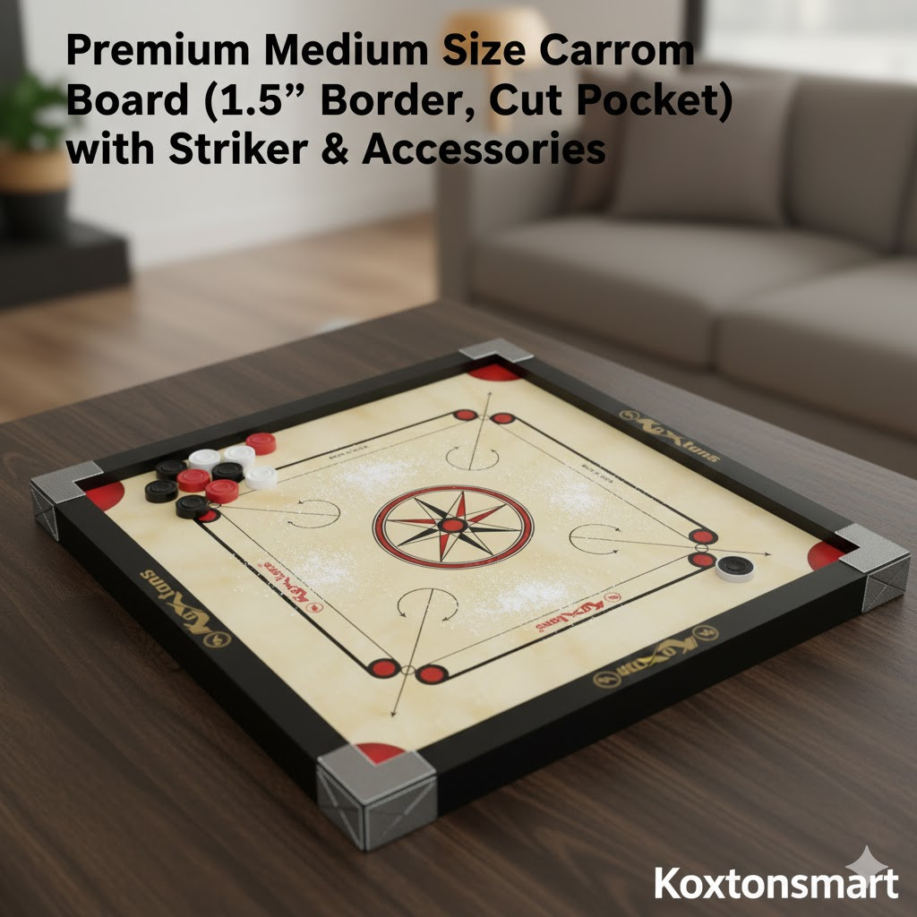 Premium Medium Size Carrom Board (1.5" Border, Cut Pocket) with Striker & Accessories | Koxtons